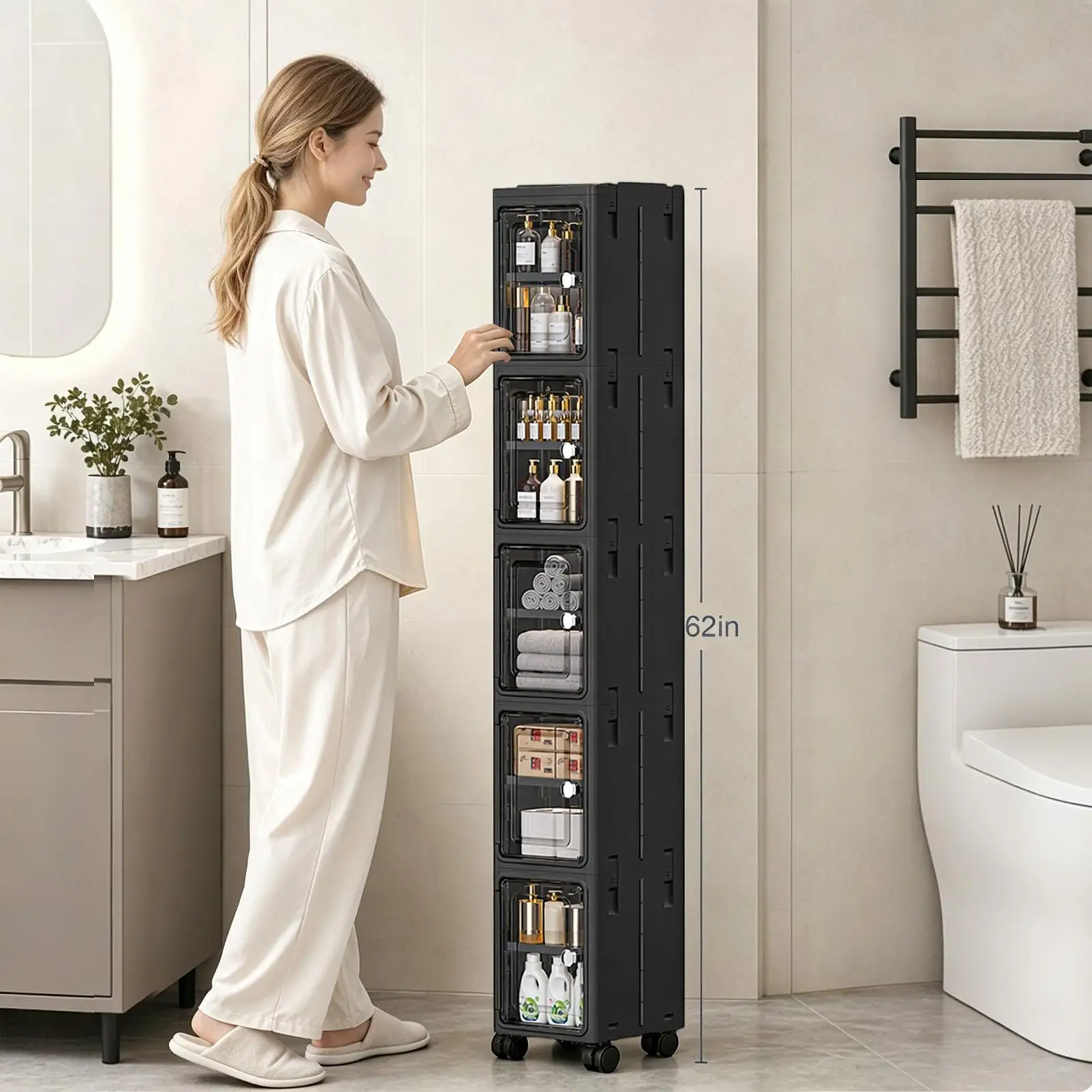 Kitchen Appliances Cabinet - 5段式の黒いスリムで細身のキャスター付き収納キャビネット。高さ調節可能な棚を備え、狭いスペースの洗濯室やキッチンに最適な、高さのある浴室収納として活用できます。