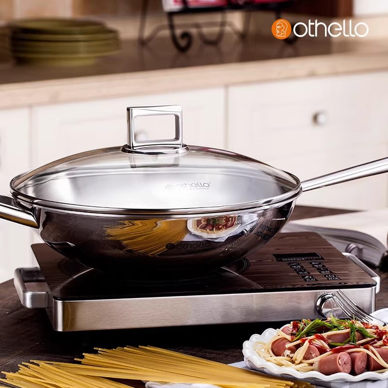 Induction Cooker - 18/10ステンレス製中華鍋、ガラス製フタ、コーティングなし、ガスコンロ・IH対応、汎用