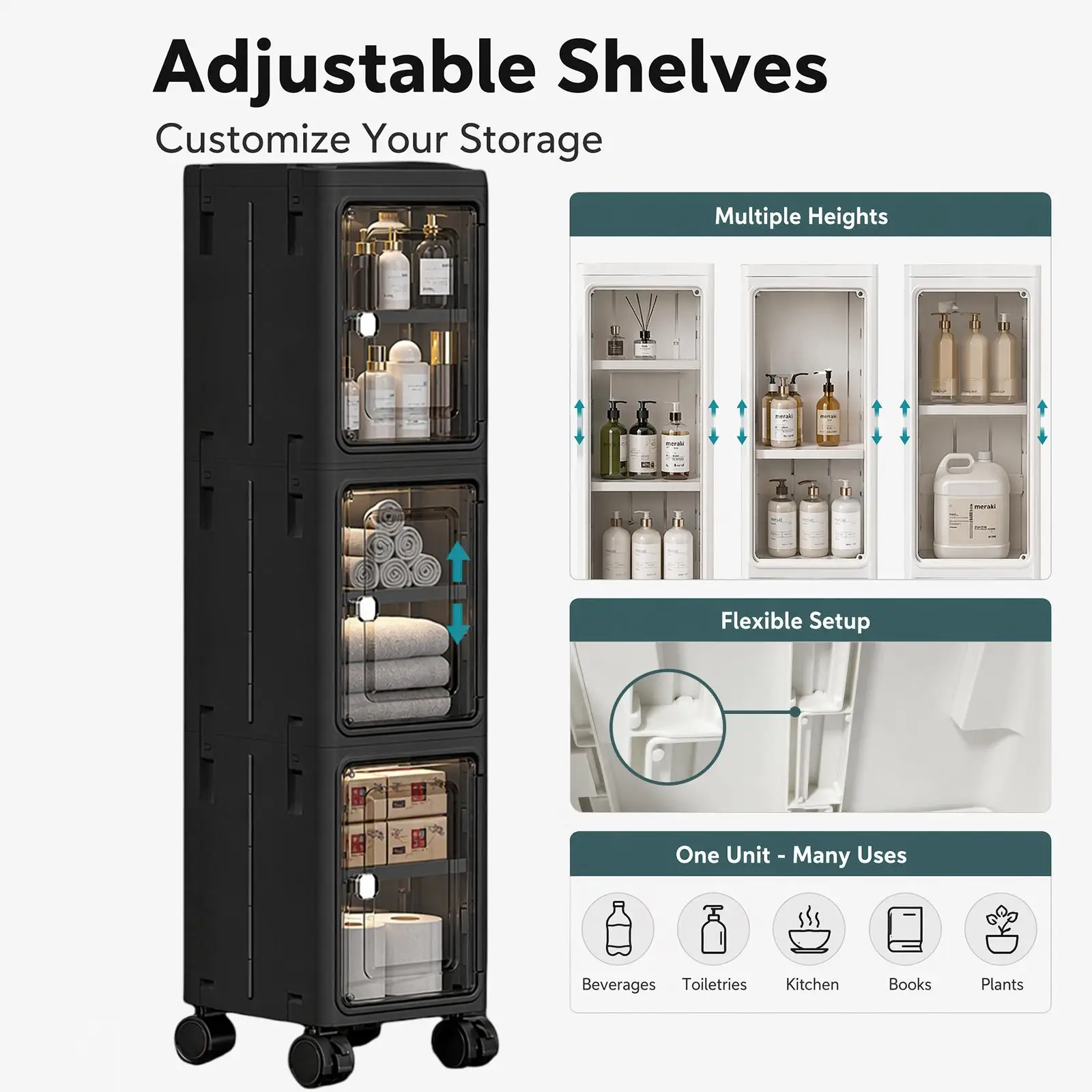 5段式の黒いスリムで細身のキャスター付き収納キャビネット。高 - Kitchen Appliances Cabinet のレビューと価格