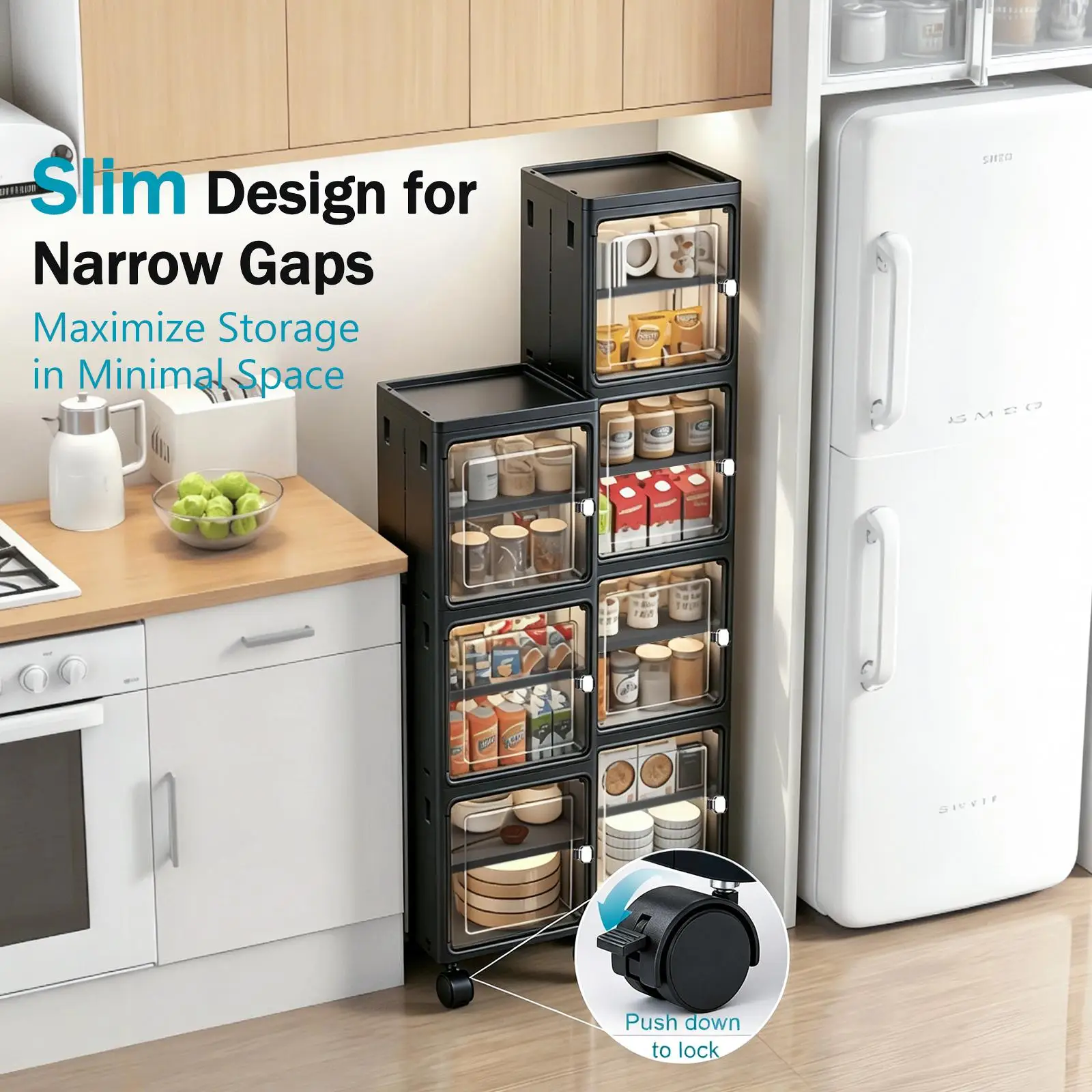 5段式の黒いスリムで細身のキャスター付き収納キャビネット。高 - Kitchen Appliances Cabinet のレビューと価格