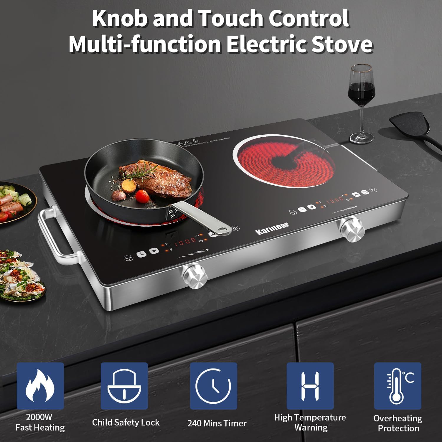 Karinear セラミックコンロ 2 ゾーン、3200W  - Induction Cooktop Portable のレビューと価格