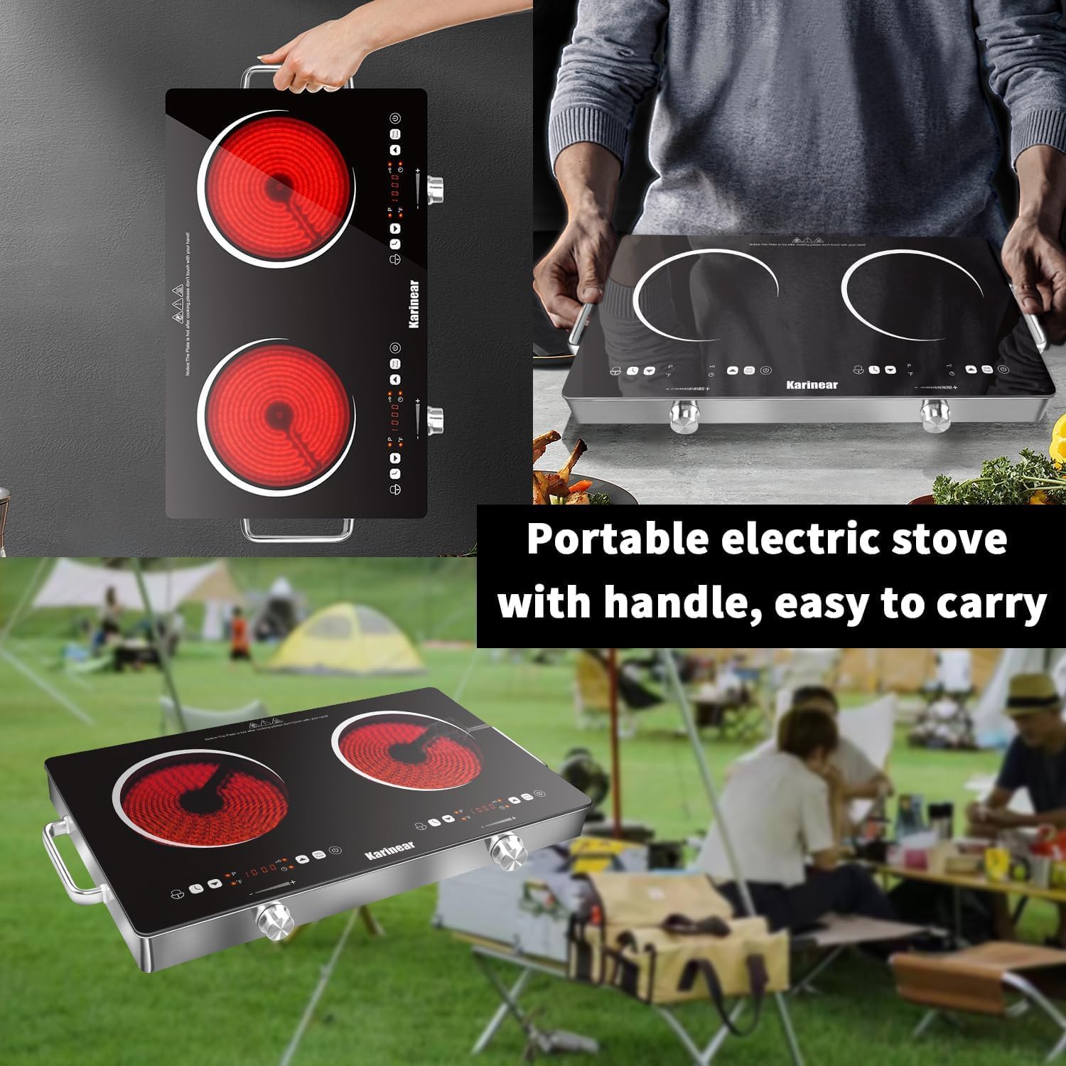 Karinear セラミックコンロ 2 ゾーン、3200W  - Induction Cooktop Portable のレビューと価格
